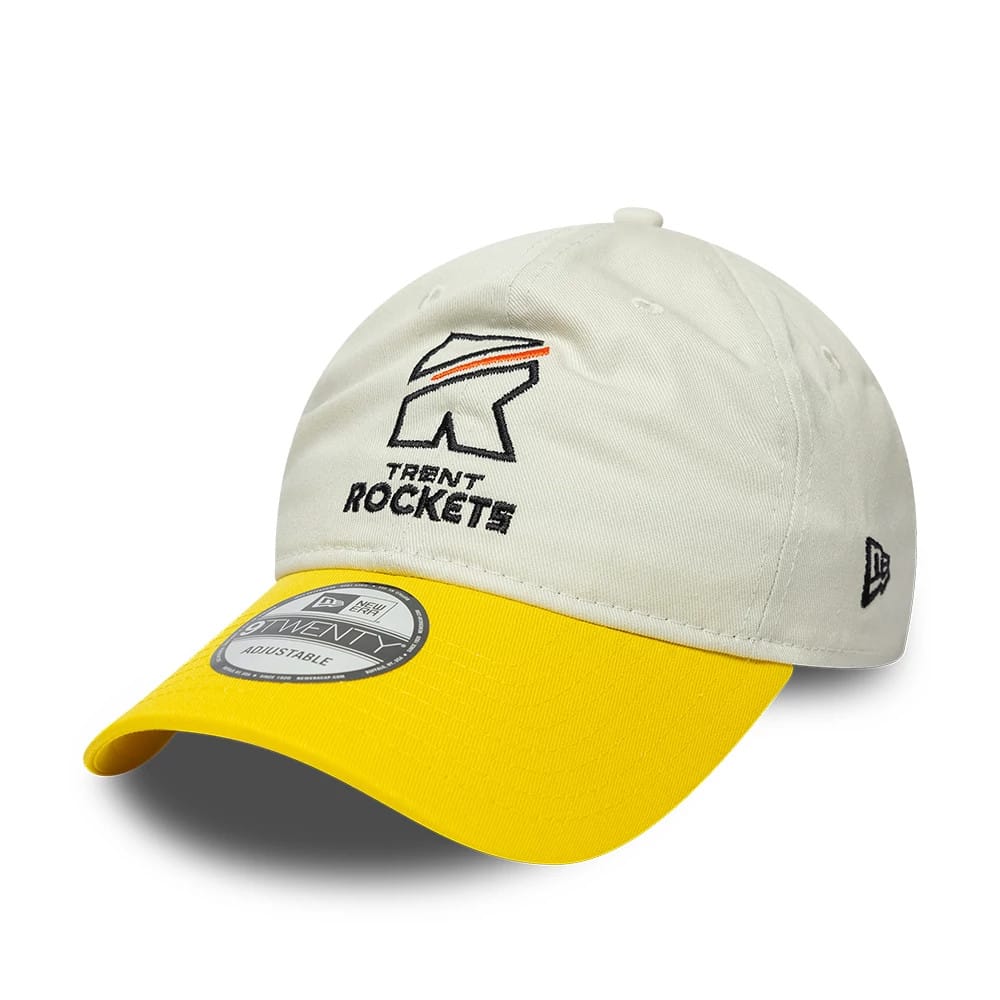 Pictured is this Trent Rockets The Hundred 2025 9TWENTY Adjustable Cap in light beige & yellow. 1
