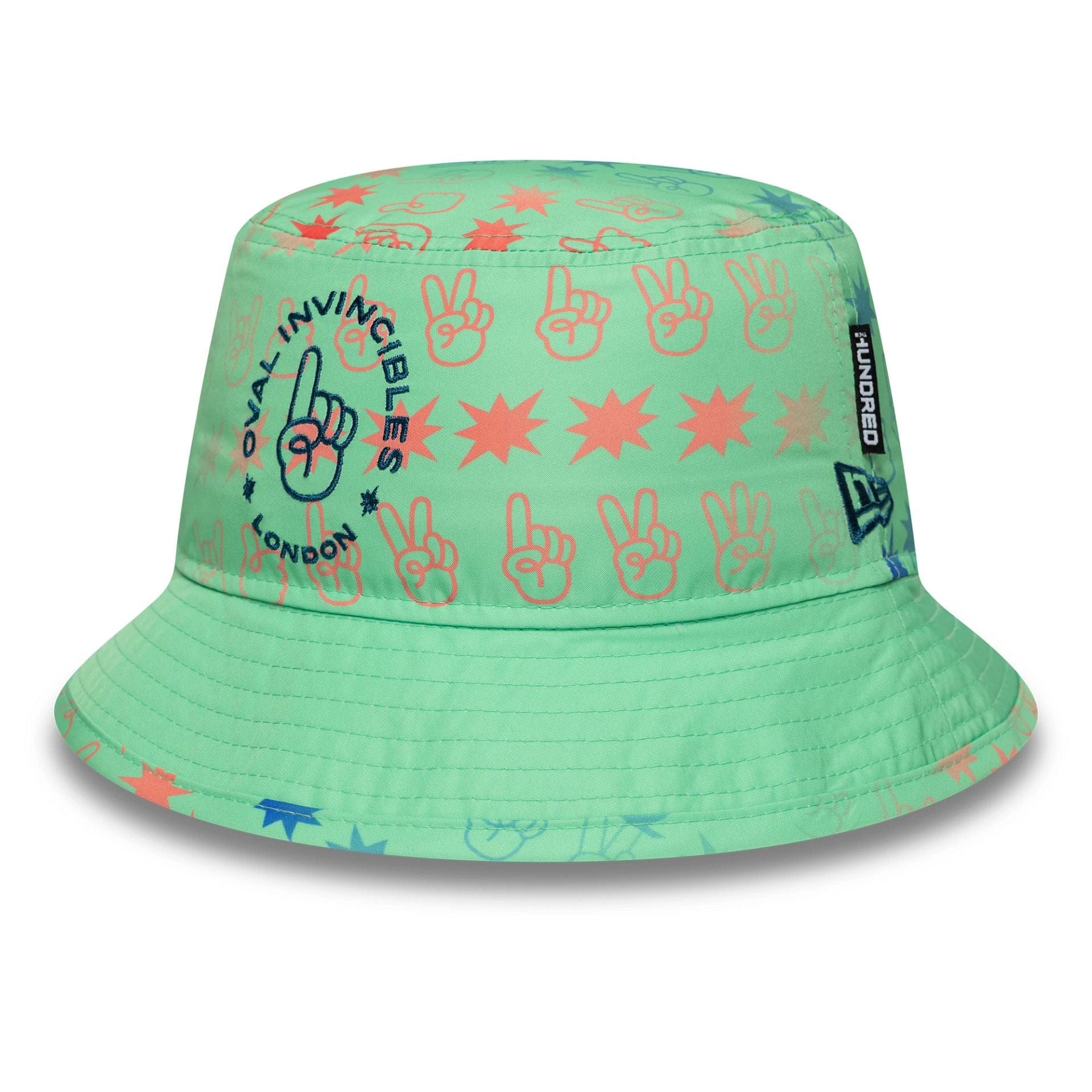This is a Oval Invincibles The Hundred 2025 All Over Print Green Tapered Bucket Hat 1