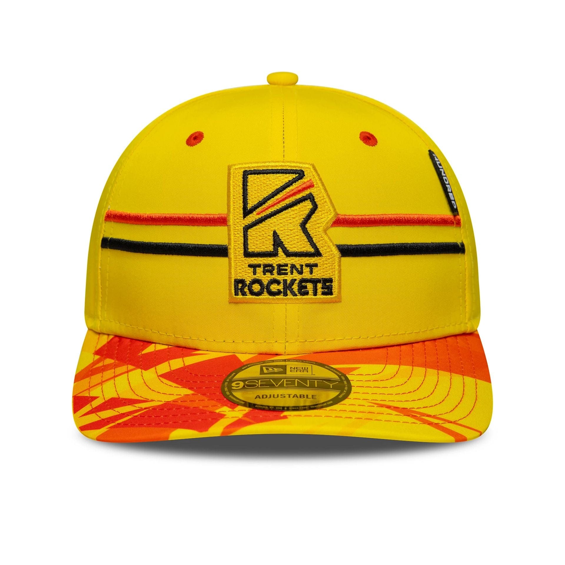 This is a Trent Rockets The Hundred 2025 All Over Print Bright Yellow 9SEVENTY Stretch Snap Adjustable Cap 2