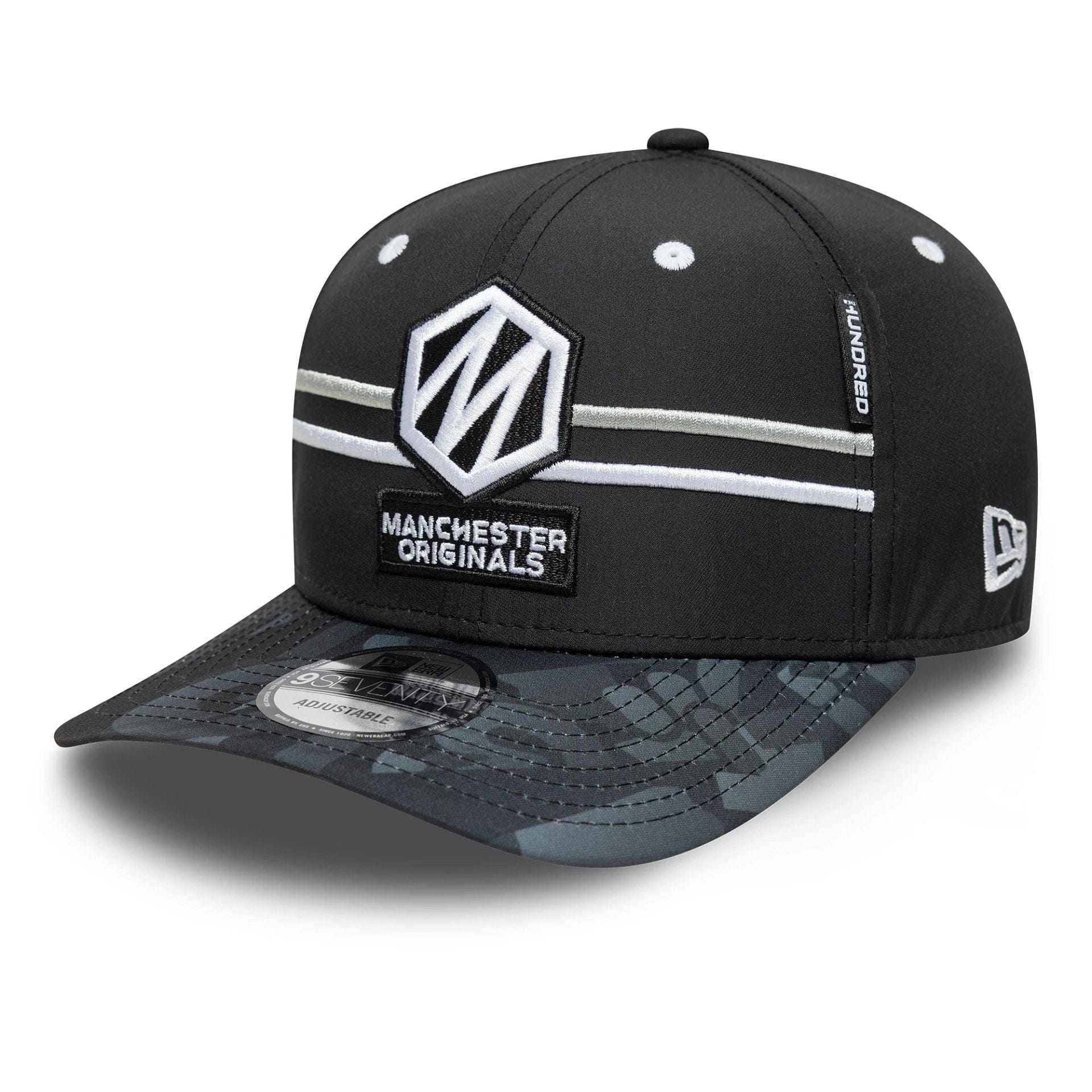 This is a Manchester Originals The Hundred 2025 All Over Print Black 9SEVENTY Stretch Snap Adjustable Cap 1