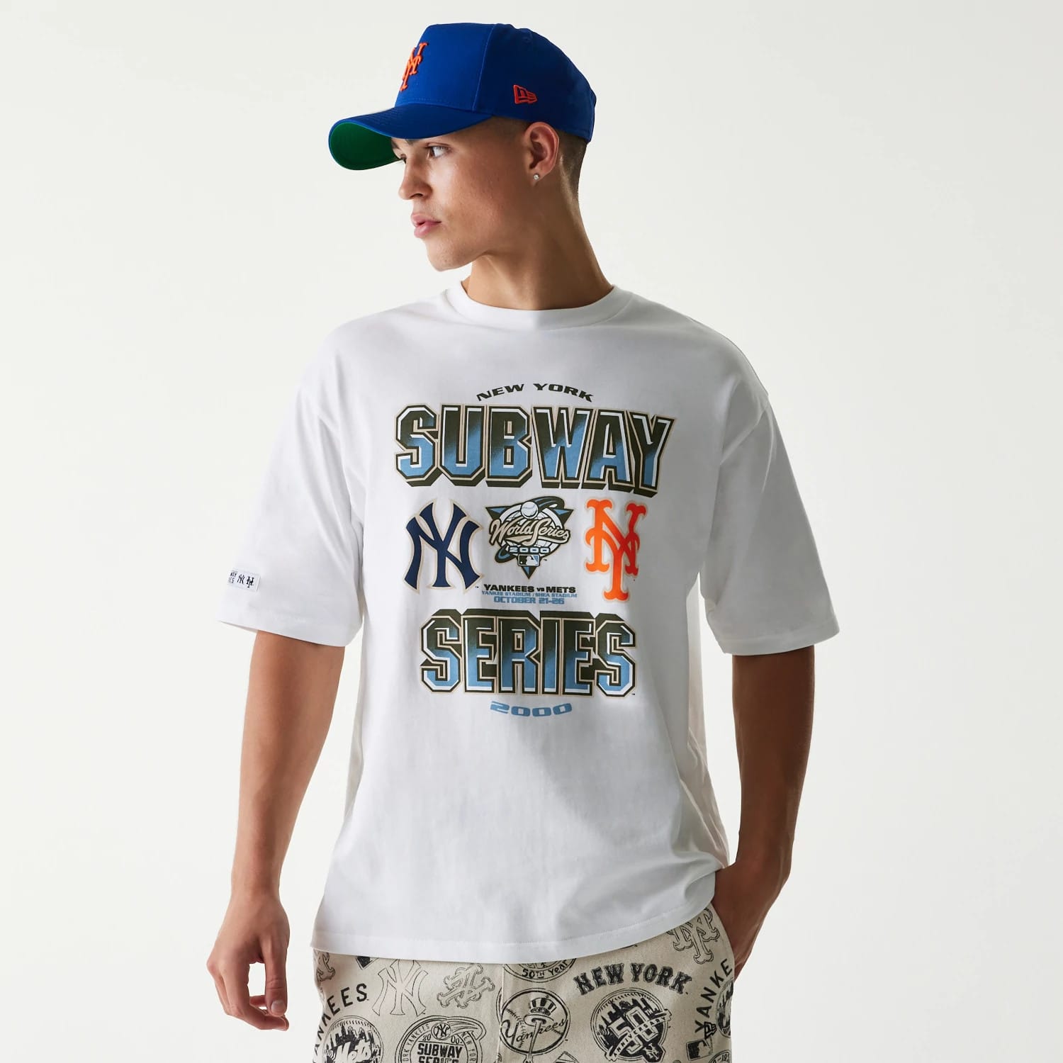 The Male model is wearing MLB Subway Series White Oversized T-Shirt 1