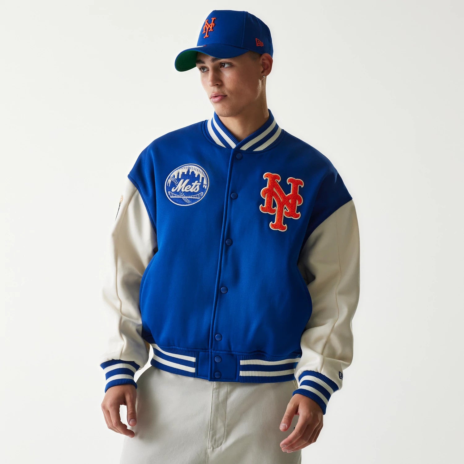 The Male model is wearing New York Mets MLB Jersey Blue Bomber Jacket 1