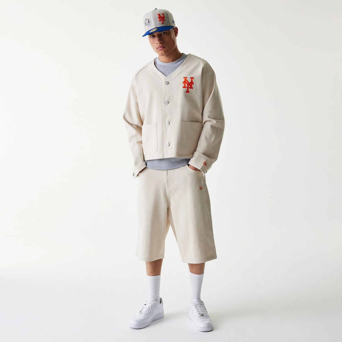 The Male model is wearing New York Mets MLB Cotton Open Cream Jacket 8