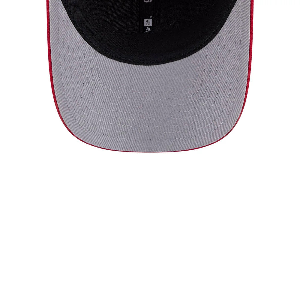 Calgary Flames NHL Team Red New Era 9FORTY M-Crown Adjustable Cap, inside view showing the black sweatband, grey undervisor and black internal taping with stitching detail.