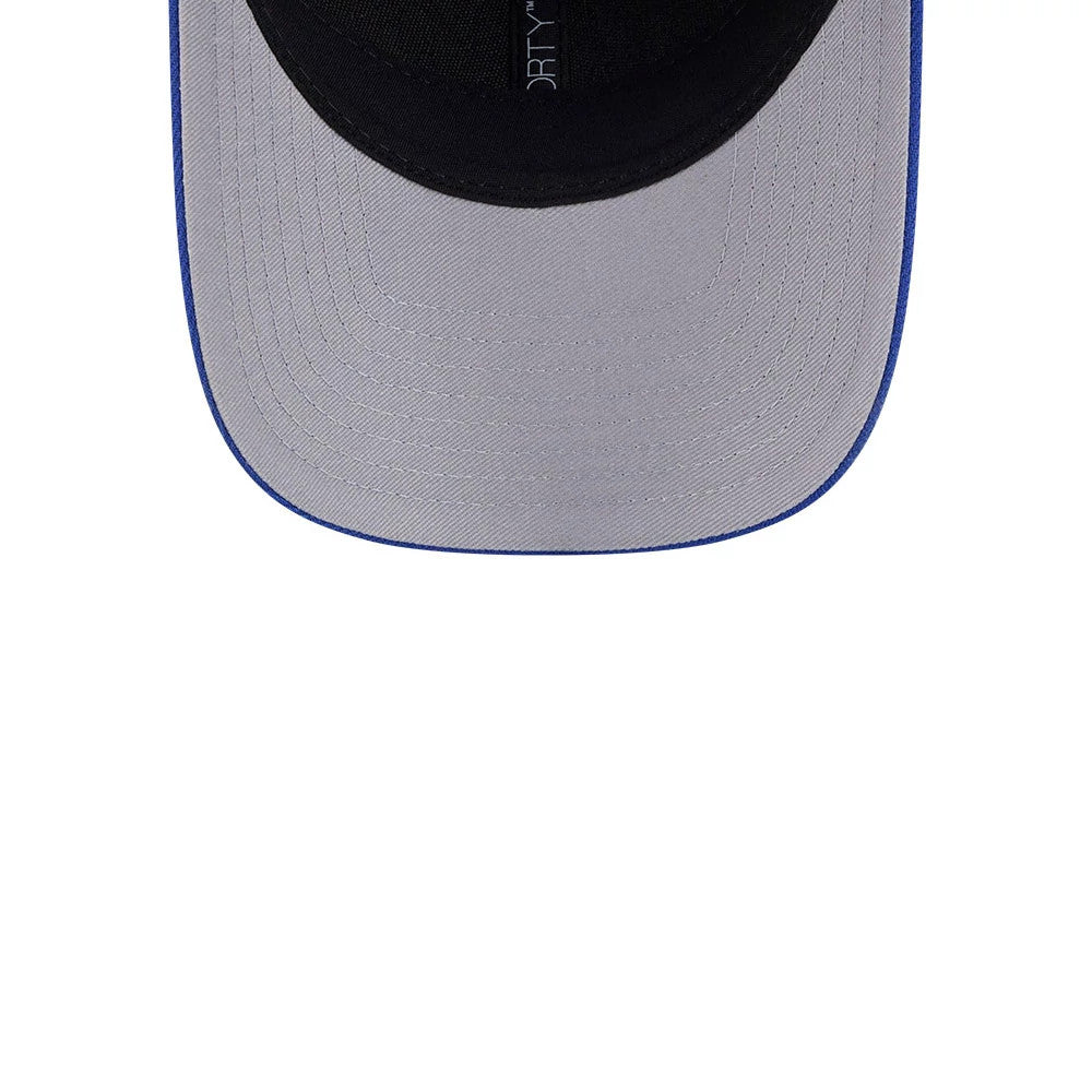 Buffalo Sabres NHL Team Blue New Era 9FORTY M-Crown Adjustable Cap, inside view showing the grey undervisor with black taping, alongside a 9FORTY size sticker on the structured crown.