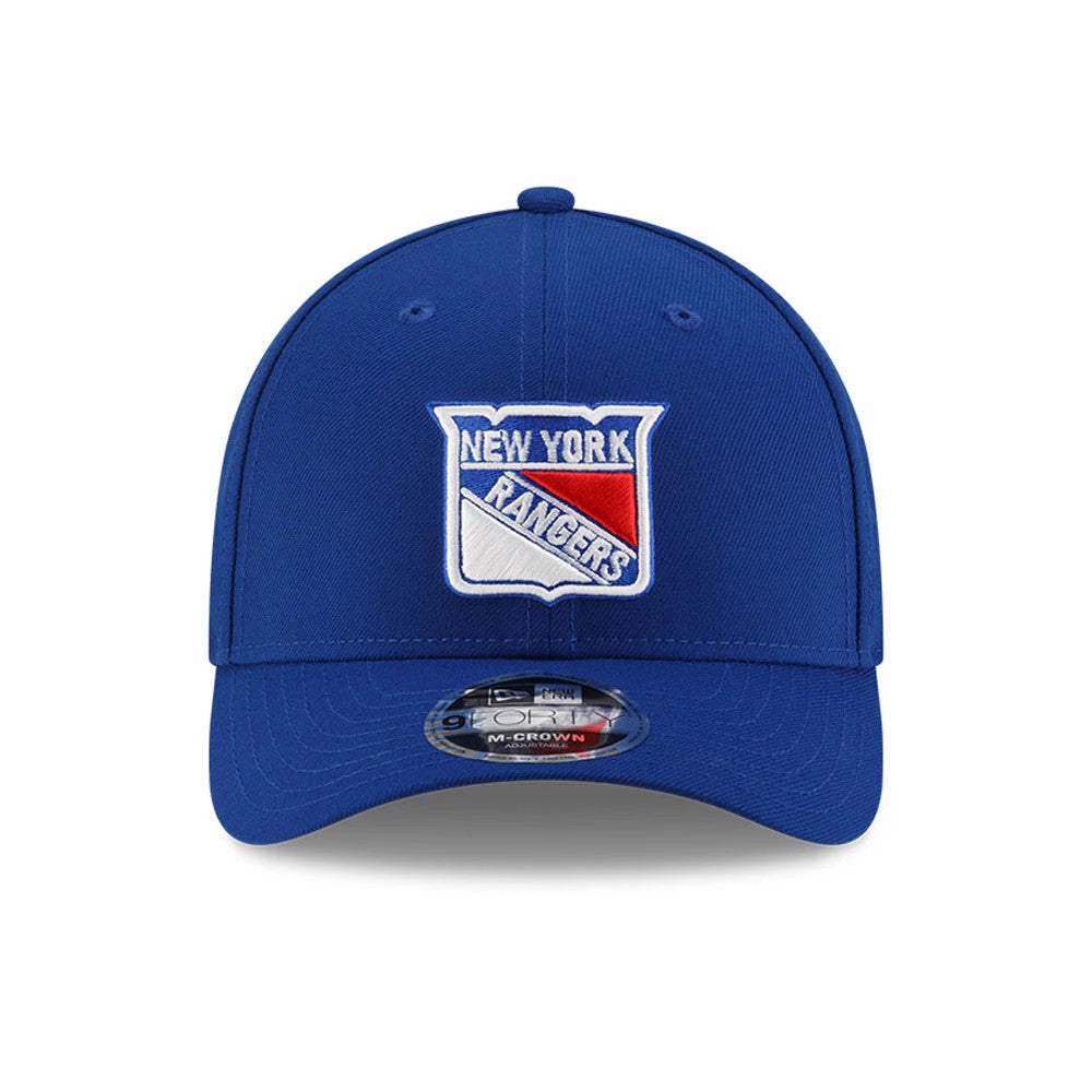 New York Rangers NHL Team Blue New Era 9FORTY M-Crown Adjustable Cap, front view showing the team logo in white, red, and blue embroidered on the structured blue crown, with a curved visor and 9FORTY size sticker on the visor.