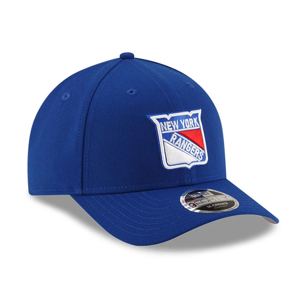 New York Rangers NHL Team Blue New Era 9FORTY M-Crown Adjustable Cap, three-quarter view showing a raised embroidered team logo on the blue front panel, curved visor with a 9FORTY size sticker, and matching top button.