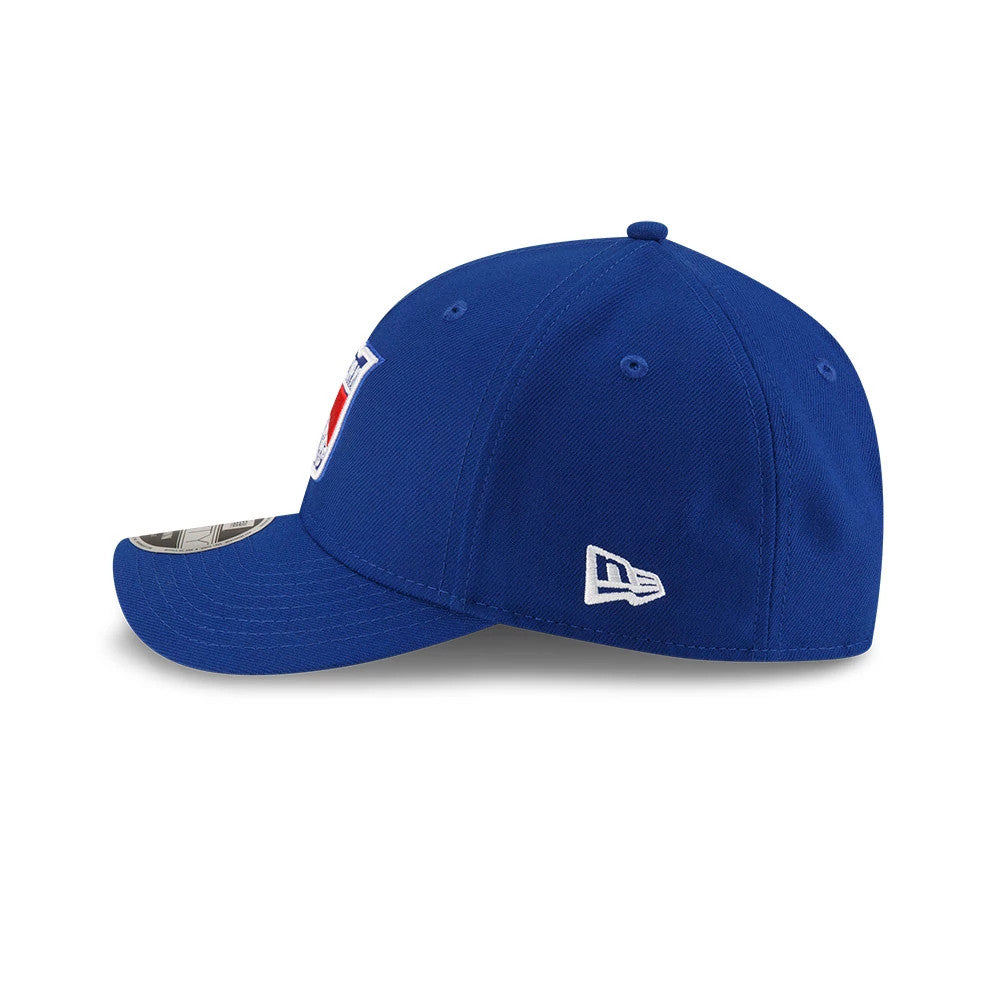 New York Rangers NHL Team Blue New Era 9FORTY M-Crown Adjustable Cap, side view showing the white embroidered New Era flag logo on the left side and the structured blue crown with a curved blue visor featuring a 9FORTY size sticker.