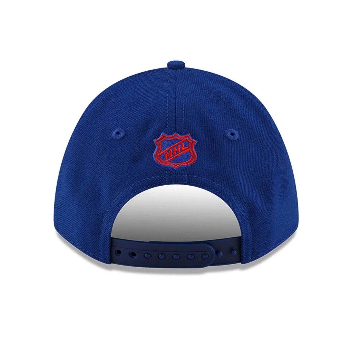 New York Rangers NHL Team Blue New Era 9FORTY M-Crown Adjustable Cap, rear view showing the red embroidered NHL logo centred between two blue eyelets on a structured blue crown with a blue adjustable strap.