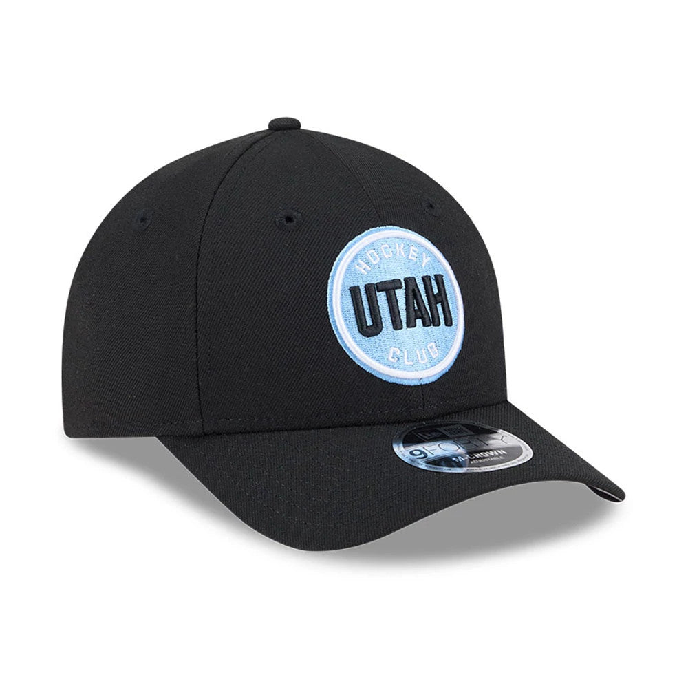 Utah Mammoth NHL Team Black New Era 9FORTY M-Crown Adjustable Cap, three-quarter view showing the light blue and white embroidered Utah Hockey Club logo on the front panel, with a 9FORTY size sticker on the black curved visor.