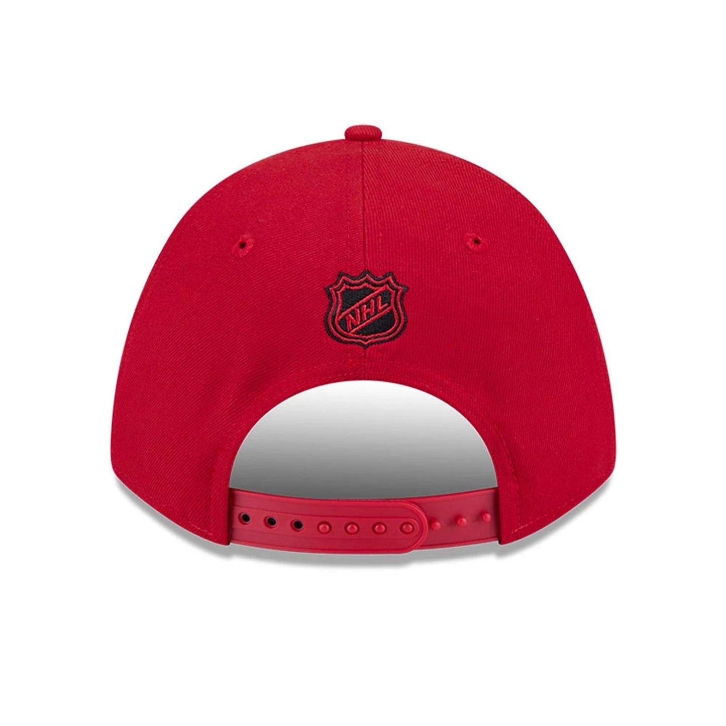 New Jersey Devils NHL Team Red New Era 9FORTY M-Crown Adjustable Cap, rear view showing the black embroidered NHL shield logo centred on the red panels above the adjustable red strap with a plastic snap closure.