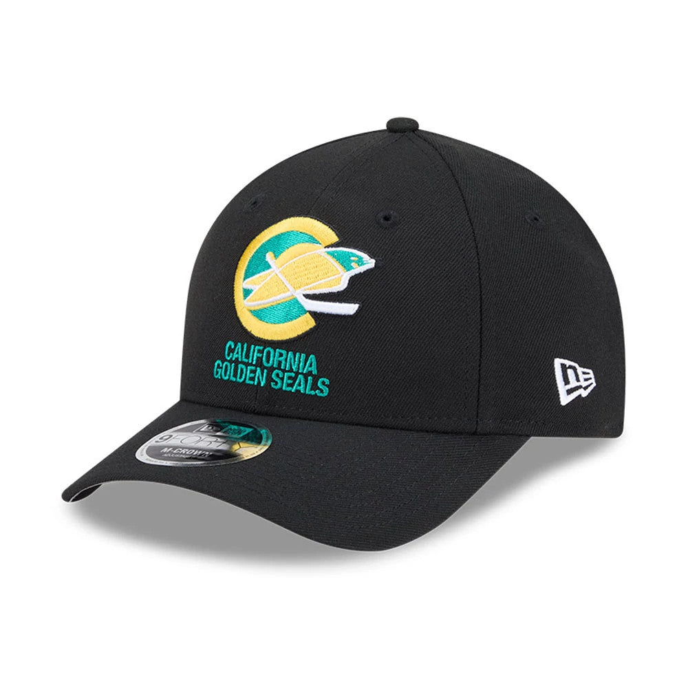 California Golden Seals NHL Team Black New Era 9FORTY M-Crown Adjustable Cap, front view showing the yellow and green embroidered team logo on the structured black crown, with a 9FORTY size sticker on the curved black visor.