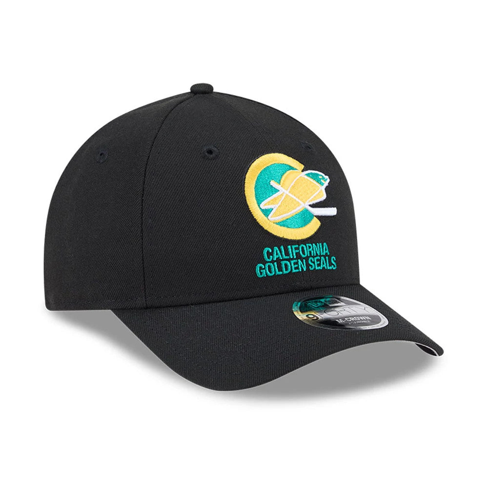 California Golden Seals NHL Team Black New Era 9FORTY M-Crown Adjustable Cap, three-quarter view showing the raised yellow and teal logo on the front panel and a curved black visor with a 9FORTY size sticker.