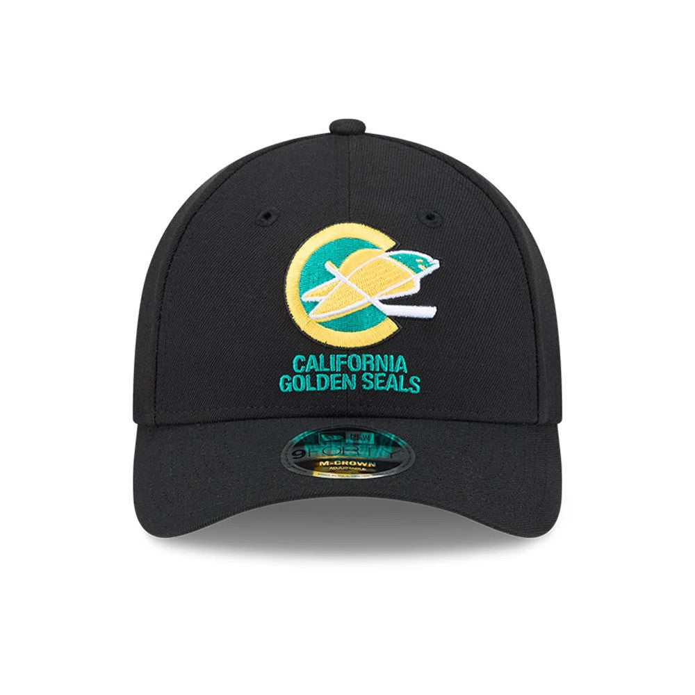 California Golden Seals NHL Team Black New Era 9FORTY M-Crown Adjustable Cap, front view showing the yellow and teal embroidered team logo on the black crown, with teal California Golden Seals lettering and a 9FORTY size sticker on the curved visor.