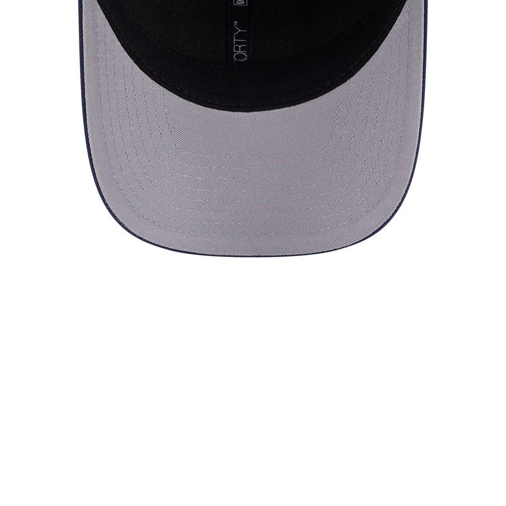 Hartford Whalers NHL Team Navy New Era 9FORTY M-Crown Adjustable Cap, inside view showing a black sweatband with logos and a grey undervisor contrasting with the dark upper panels.
