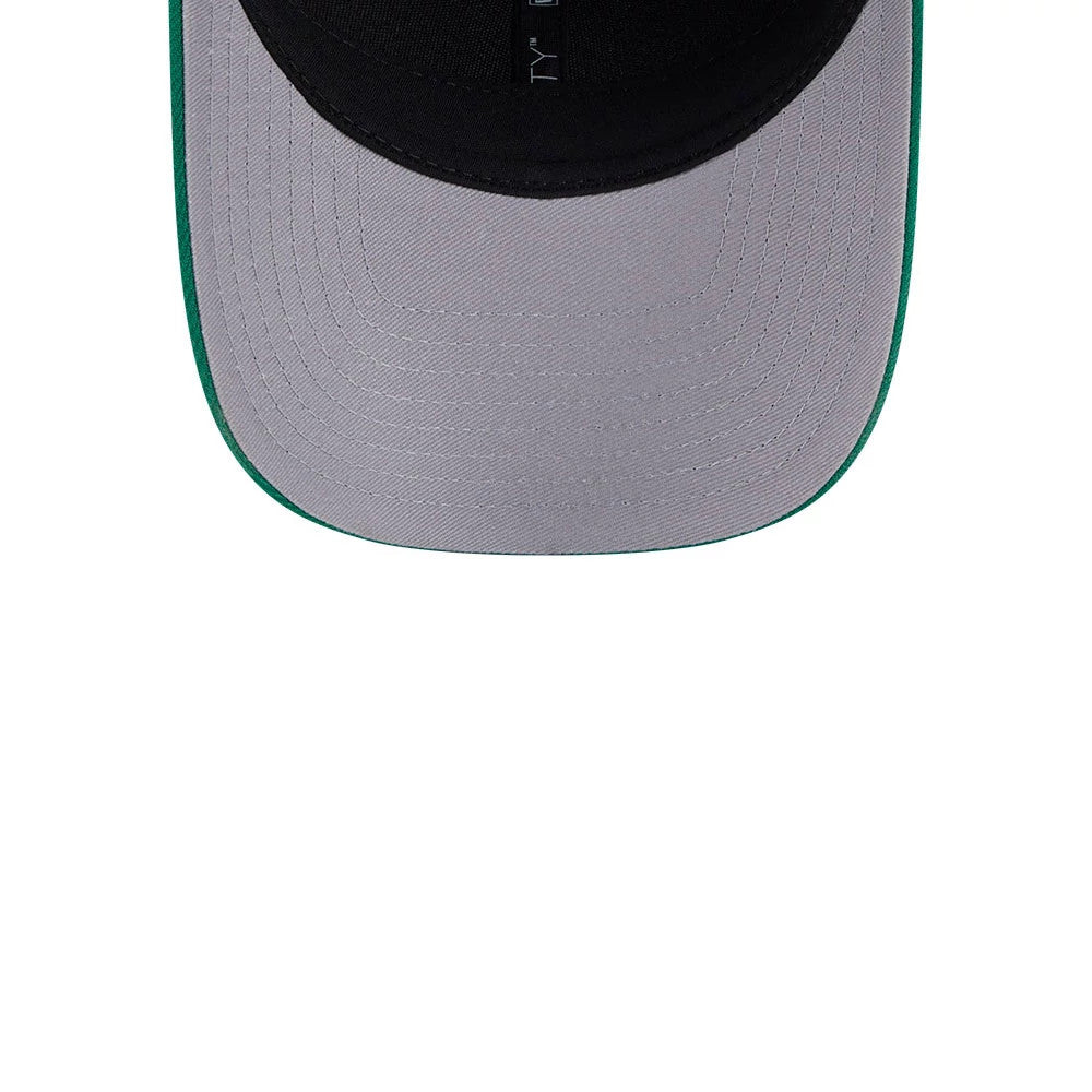 Minnesota North Stars NHL Team Green New Era 9FORTY M-Crown Adjustable Cap, top view showing the grey curved visor with green trim and the interior element through the black front panels.