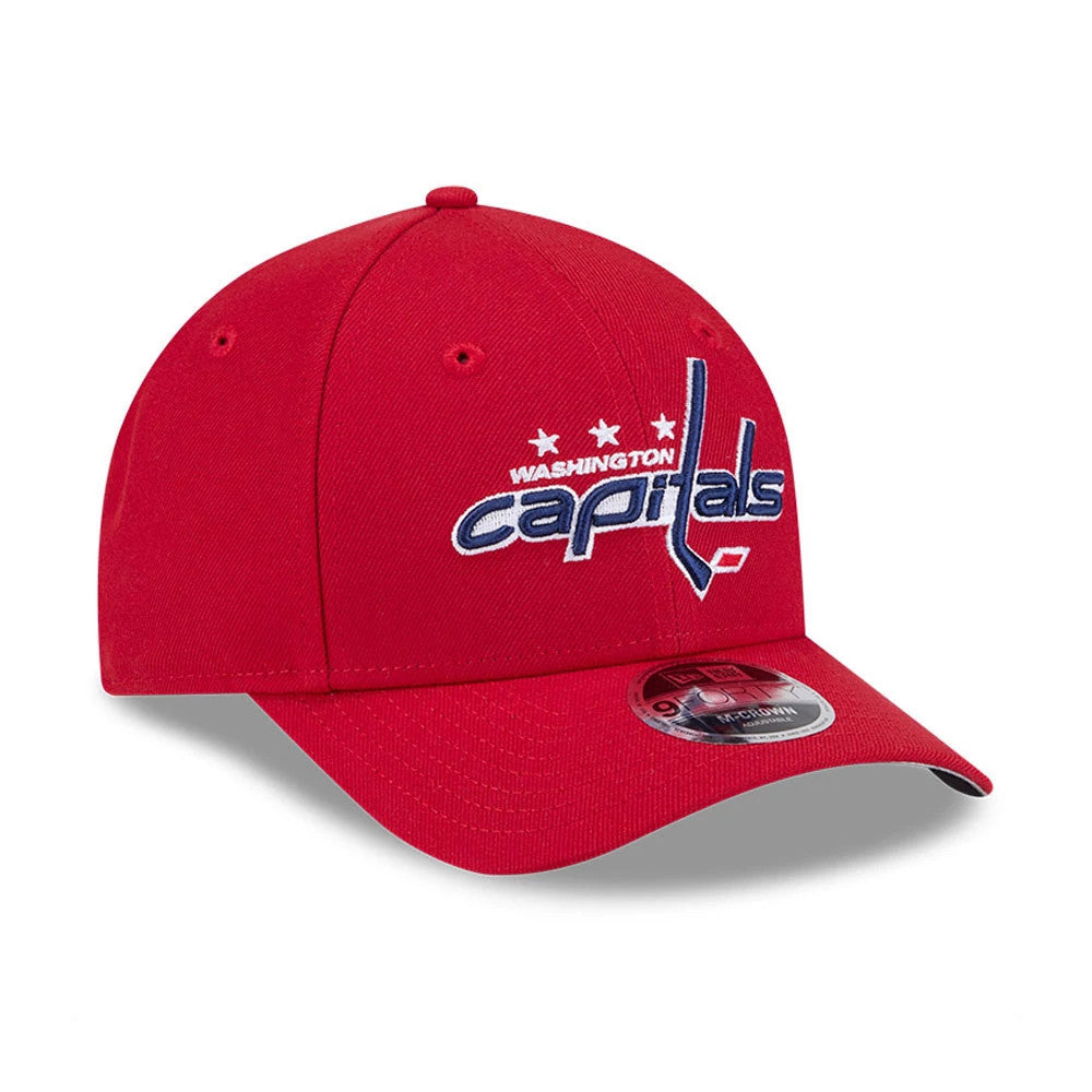 Washington Capitals NHL Team Red New Era 9FORTY M-Crown Adjustable Cap, front view showing the raised embroidered team logo in white and navy on the structured red crown, with a 9FORTY size sticker on the curved red visor.