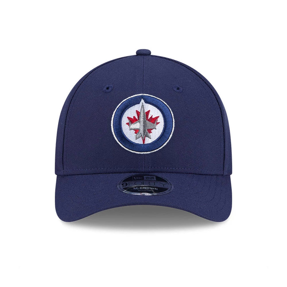 Winnipeg Jets NHL Team Navy New Era 9FORTY M-Crown Adjustable Cap, front view showing the raised embroidered team logo on the structured navy crown, with a curved visor and 9FORTY size sticker underneath.