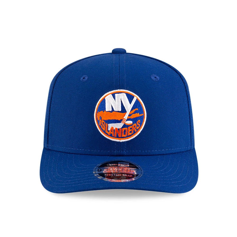 New York Islanders NHL Team Blue New Era 9SEVENTY Stretch Snap Adjustable Cap, front view showing the raised embroidered orange and white team logo on the front panel, with a curved visor and a 9SEVENTY size sticker.