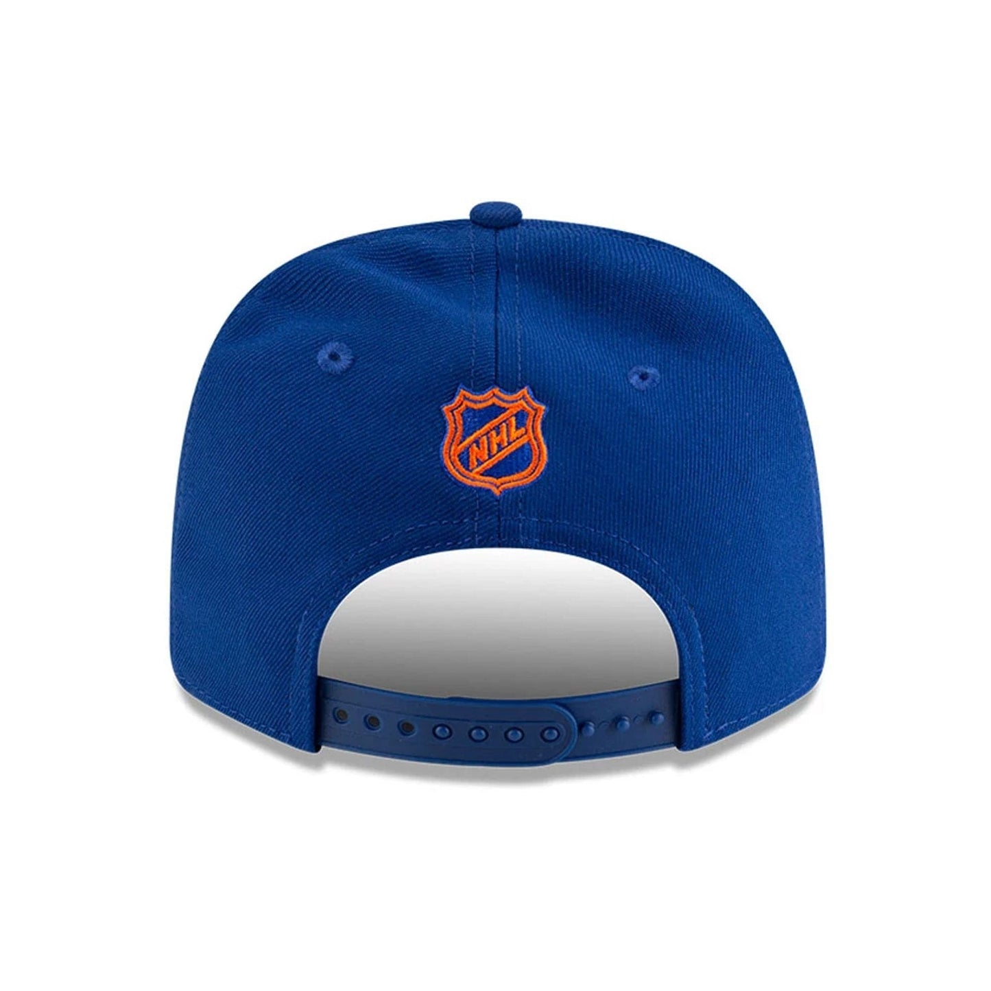 New York Islanders NHL Team Blue New Era 9SEVENTY Stretch Snap Adjustable Cap, rear view showing the orange embroidered NHL logo at the centre of the blue back panels, with a matching blue adjustable strap.