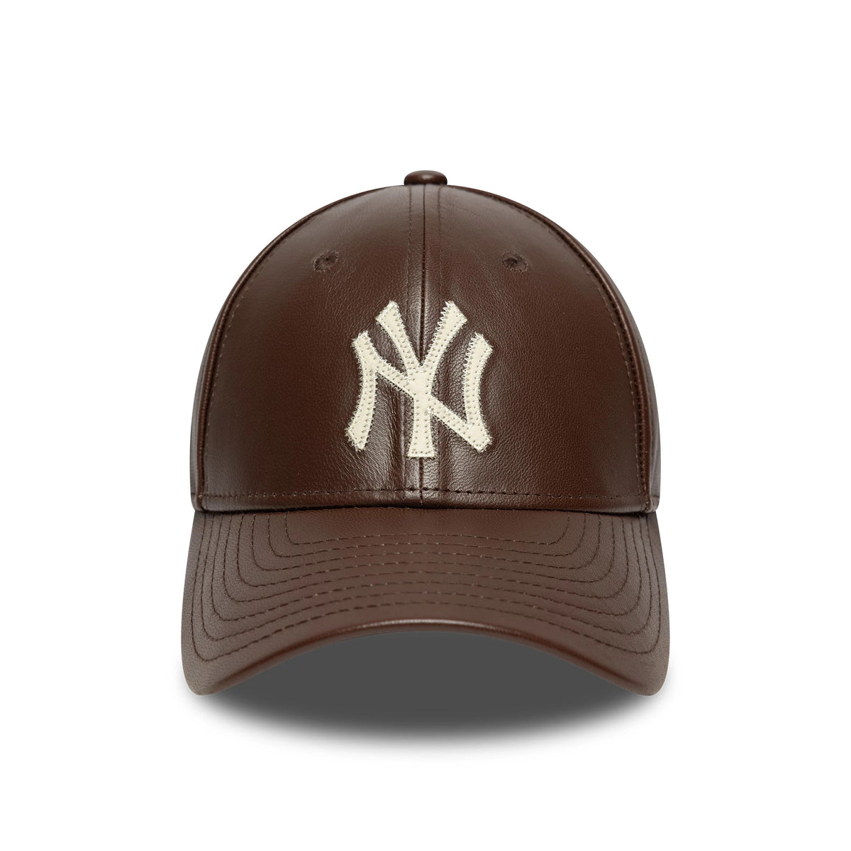 New York Yankees MLB Leather Dark Brown New Era 9FORTY M-Crown Adjustable Cap, front view showing the cream embroidered NY logo on the structured dark brown leather crown and curved visor.
