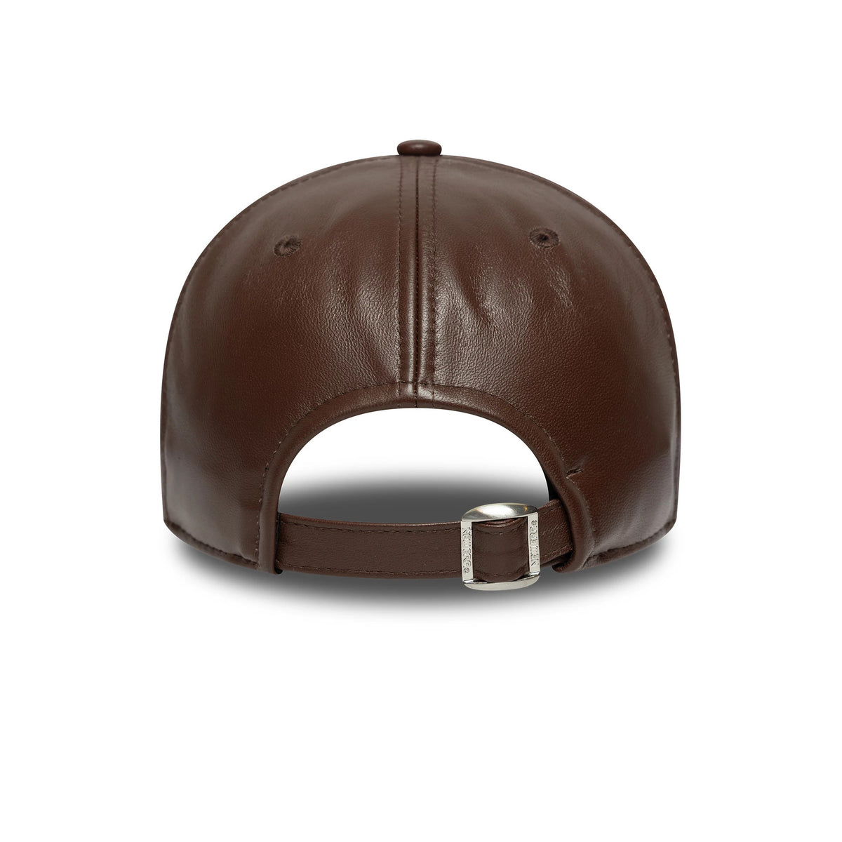 New York Yankees MLB Leather Dark Brown New Era 9FORTY M-Crown Adjustable Cap, rear view showing the structured leather finish, an adjustable strap with a buckle, and a top button at the crown's centre.