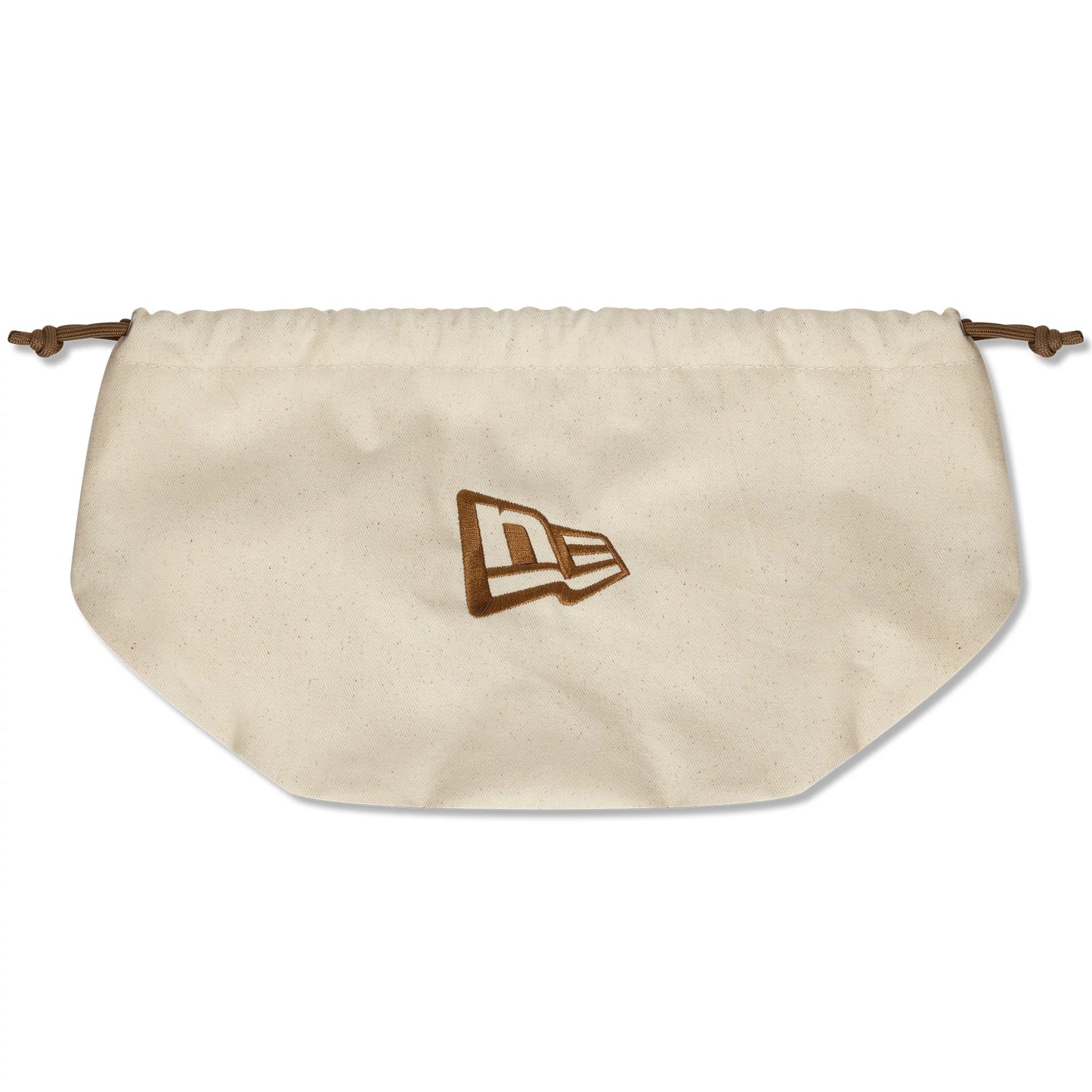 New York Yankees MLB Leather Dark Brown New Era 9FORTY M-Crown Adjustable Cap, shown with its storage bag featuring an embroidered brown New Era flag logo on a beige fabric with drawstring closure.
