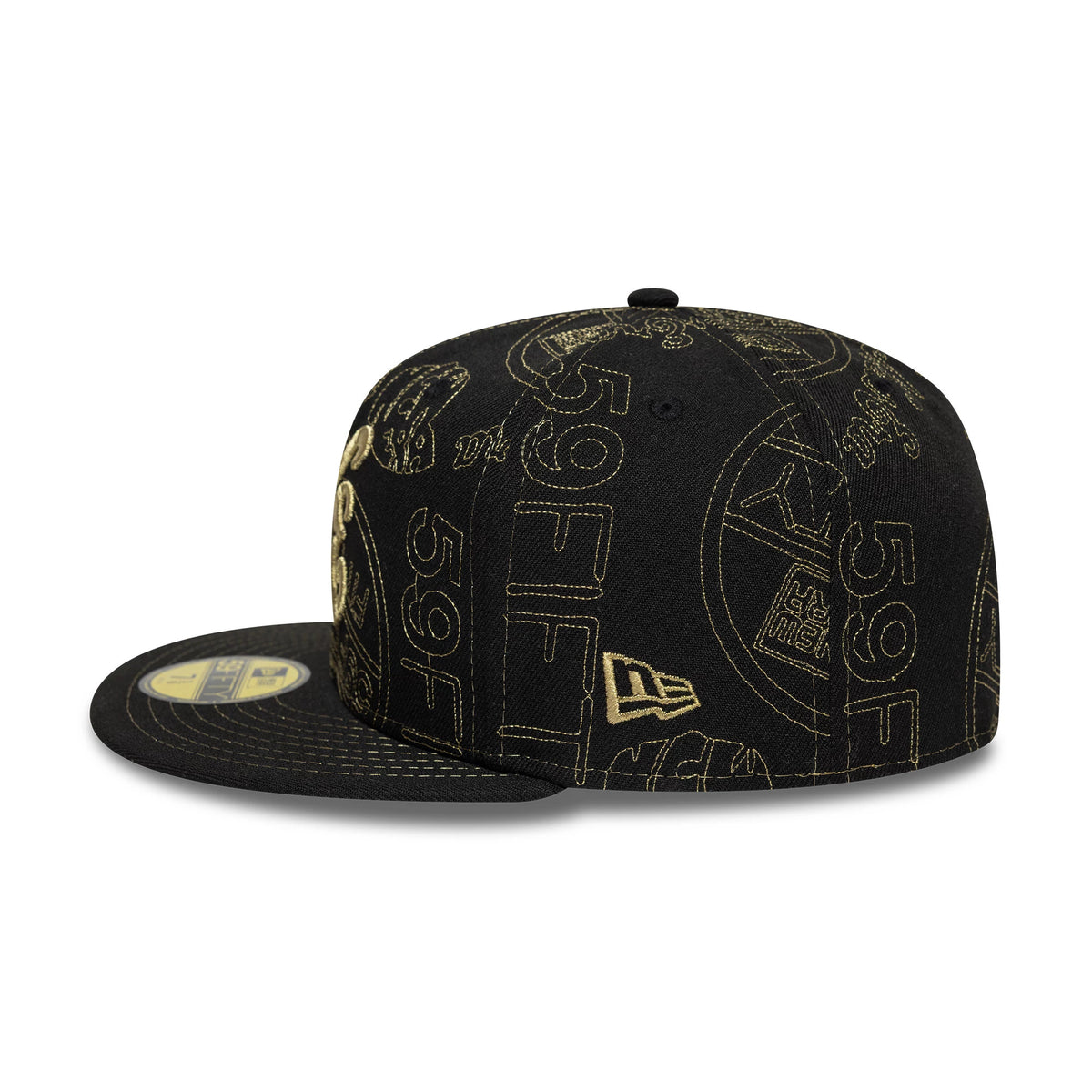 New Era Sticker Black 59FIFTY Fitted Cap, side view showing the gold outlines of logos and text scattered across the black crown, with the New Era flag logo on the left panel and a gold 59FIFTY size sticker on the black visor.