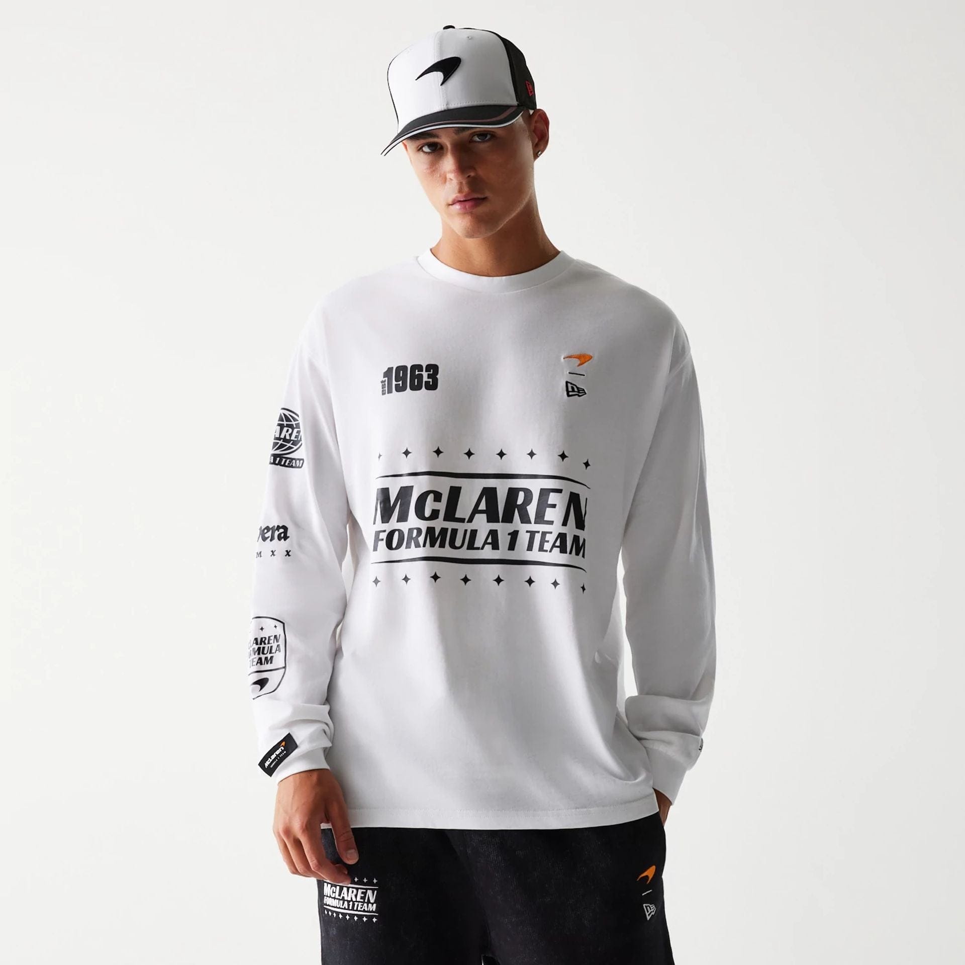 The Male model is wearing McLaren Racing White Long Sleeve T-Shirt 1