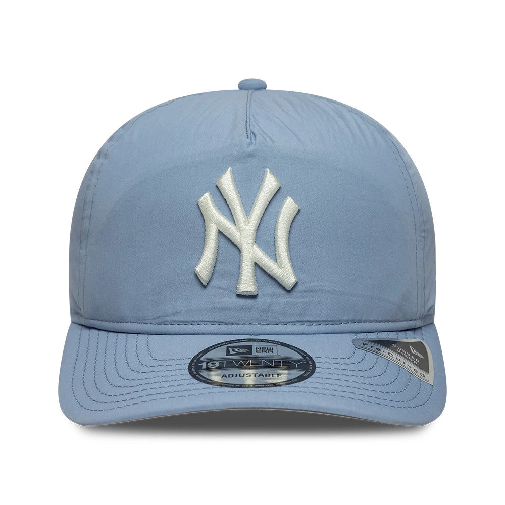 New York Yankees MLB Nylon Open Blue New Era 19TWENTY Adjustable Cap, front view showing the white embroidered Yankees logo on the centre of the blue crown and a 19TWENTY size sticker on the curved visor.