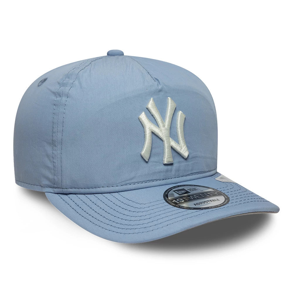 New York Yankees MLB Nylon Open Blue New Era 19TWENTY Adjustable Cap, three-quarter view showing the raised white NY logo embroidered on the front panel with a matching blue visor and a 19TWENTY size sticker on the visor.