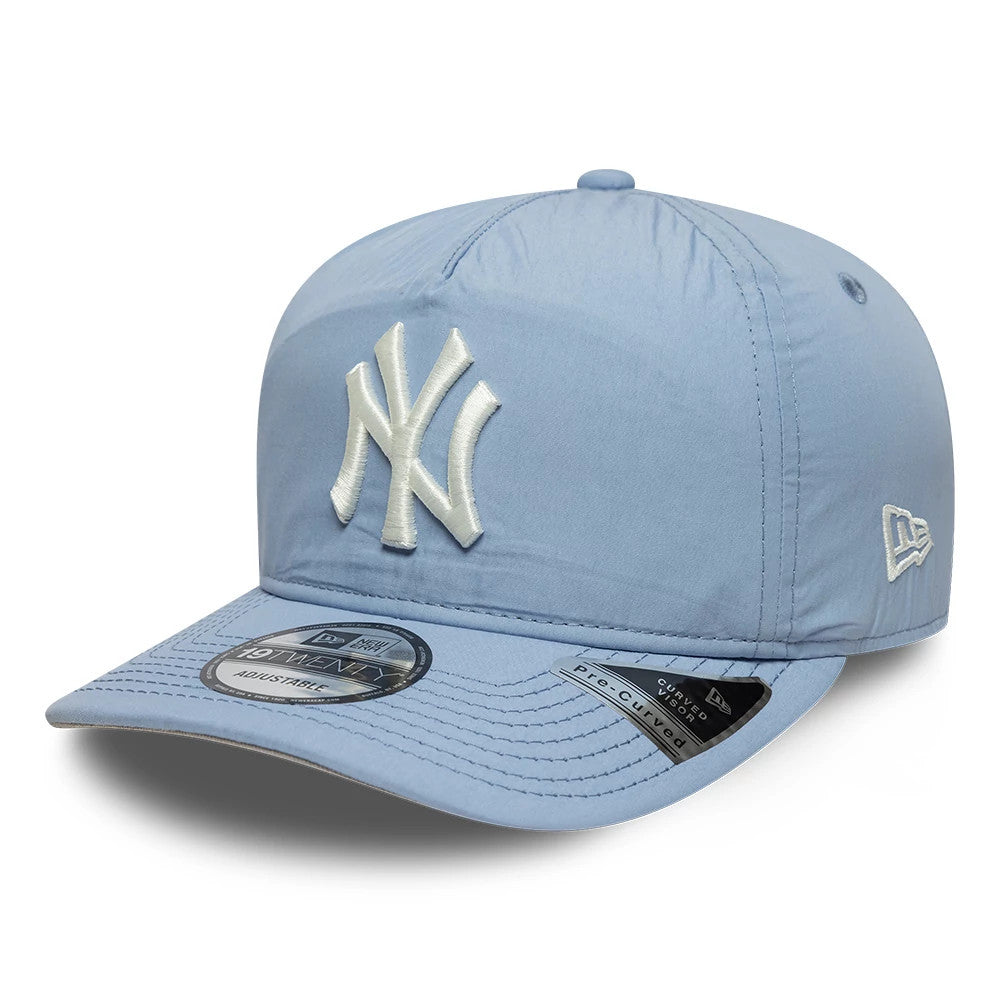 New York Yankees MLB Nylon Open Blue New Era 19TWENTY Adjustable Cap, three-quarter view showing the white raised embroidered NY logo on the front panel, blue curved visor, and 19TWENTY size sticker with the New Era flag logo on the left side.