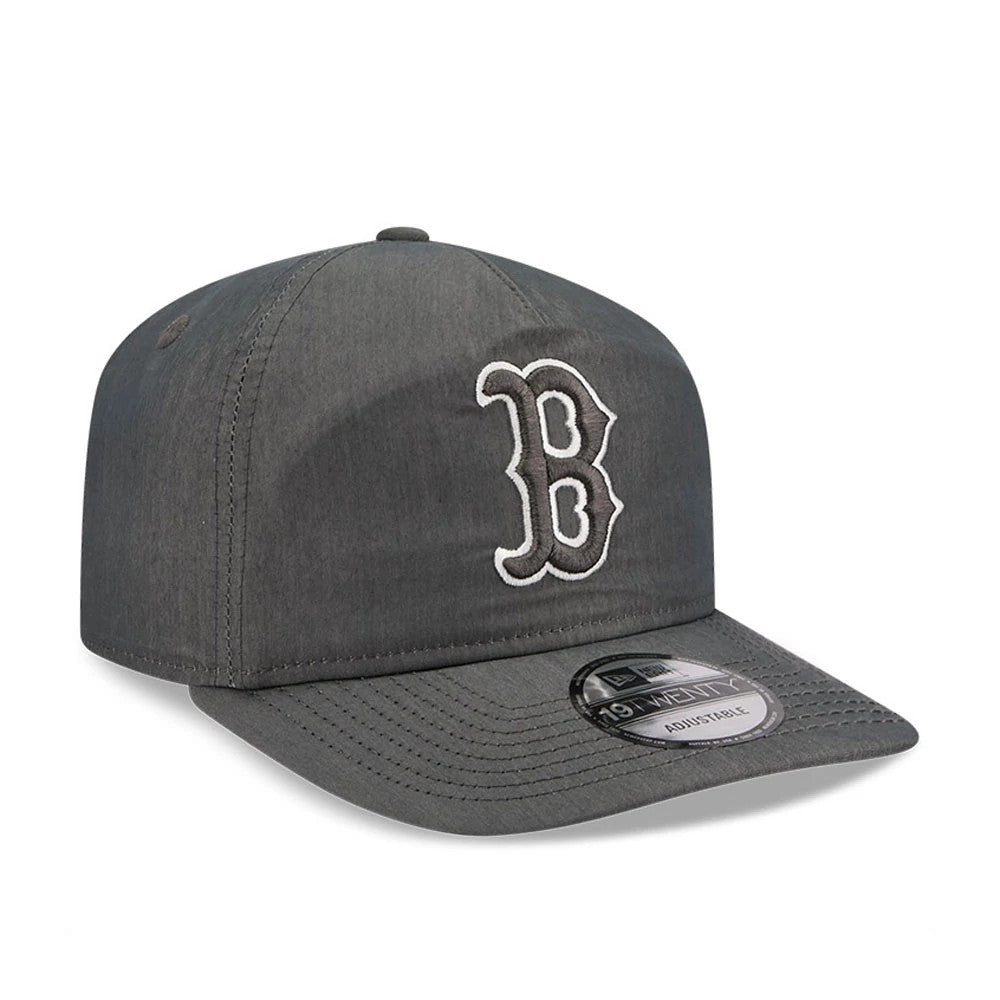 Boston Red Sox MLB Nylon Open Grey New Era 19TWENTY Adjustable Cap, three-quarter view showing the raised white embroidered B logo on the structured grey crown and a 19TWENTY size sticker on the curved visor.