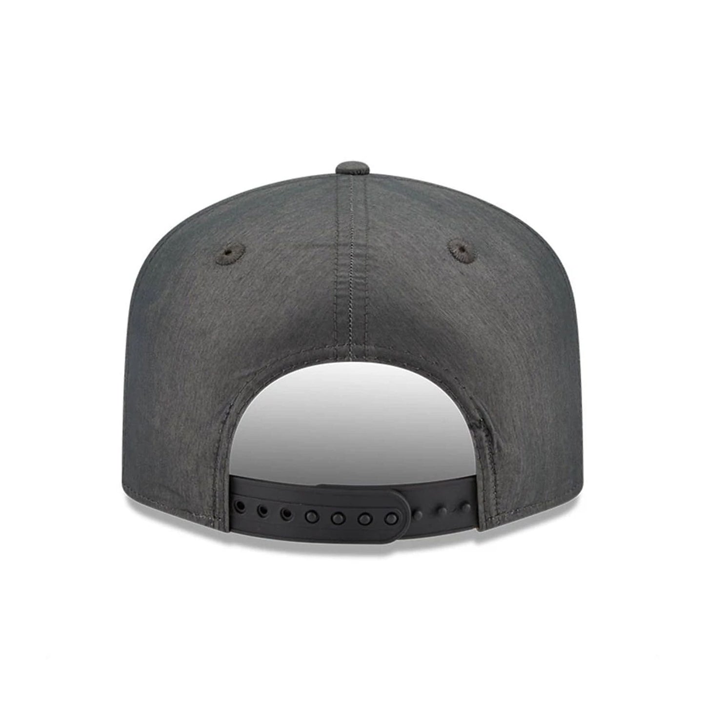 Boston Red Sox MLB Nylon Open Grey New Era 19TWENTY Adjustable Cap, rear view showing the grey back panels with black adjustable strap, eyelets, and seam details on the structured crown.