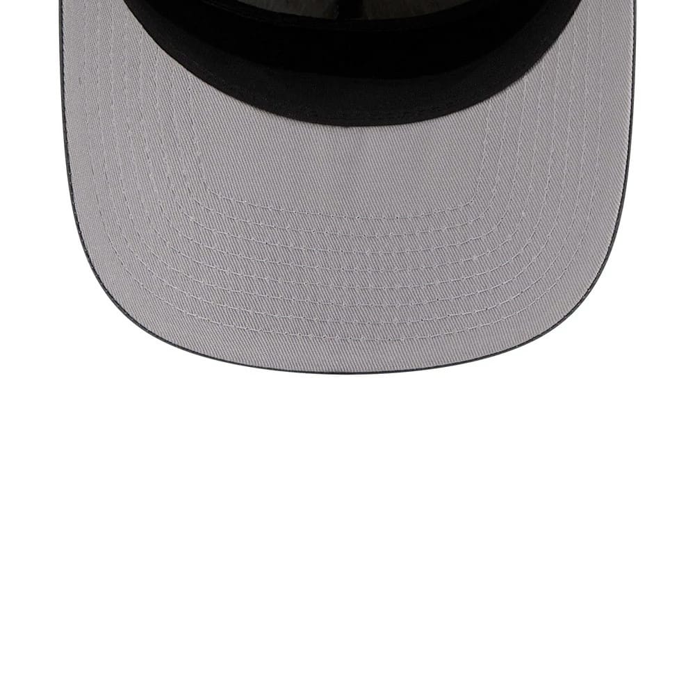 Boston Red Sox MLB Nylon Open Grey New Era 19TWENTY Adjustable Cap, close-up view showing the grey curved visor with black undervisor, highlighting the detailed stitching around the edge.