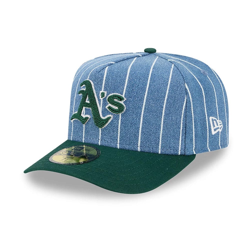 Athletics MLB Parallel Blue New Era 59FIFTY A-Frame Fitted Cap, front view showing the green and white embroidered A's logo on the pinstriped blue crown, with a dark green visor and gold 59FIFTY size sticker.