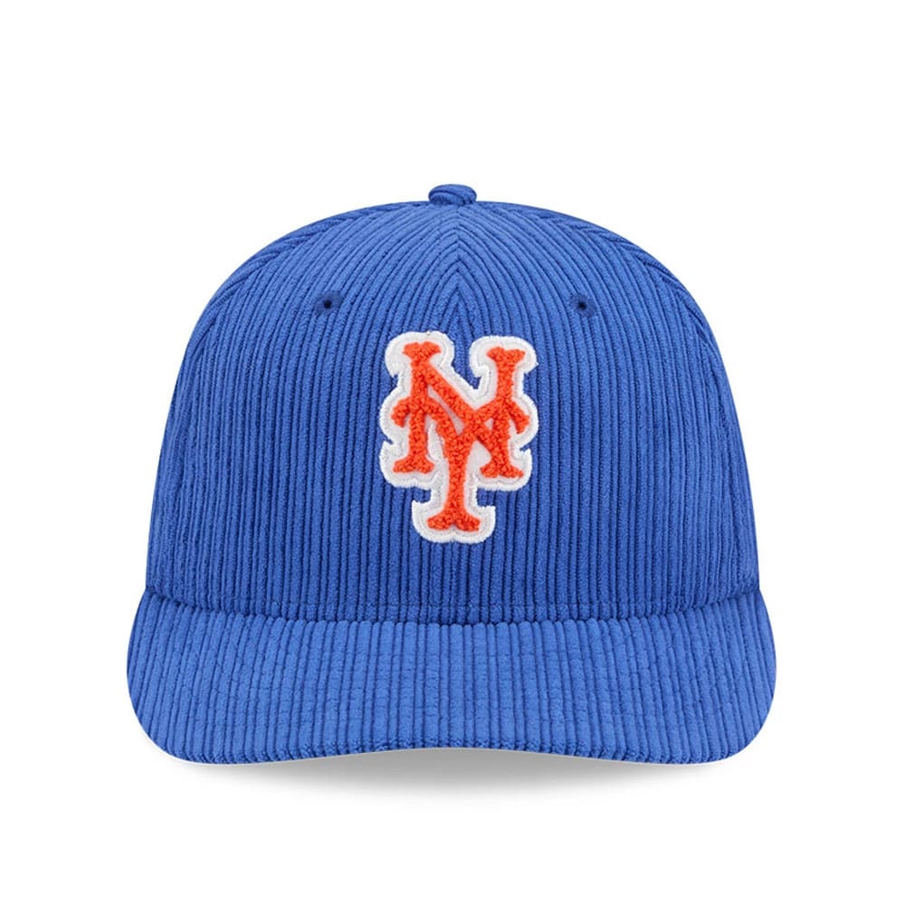 New York Mets MLB Chenille Pop Blue New Era 59FIFTY Fitted Cap, front view showing the raised orange and white NY logo embroidered on the ribbed blue crown, with a matching blue flat visor and top button.