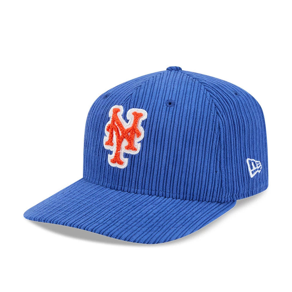 New York Mets MLB Chenille Pop Blue New Era 59FIFTY Fitted Cap, three-quarter view showing an orange raised embroidered Mets logo on the front blue ribbed textured crown and a white New Era flag logo on the left side.