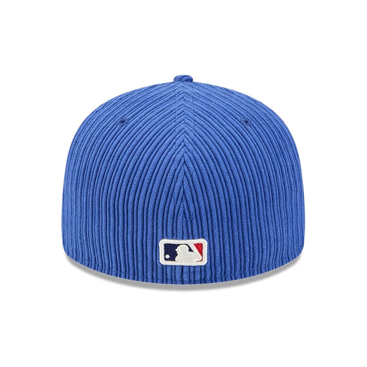 LA Dodgers MLB Chenille Pop Dark Blue New Era 59FIFTY Fitted Cap, rear view showing the white and navy embroidered MLB Batterman logo at the centre back of the ribbed dark blue chenille crown.