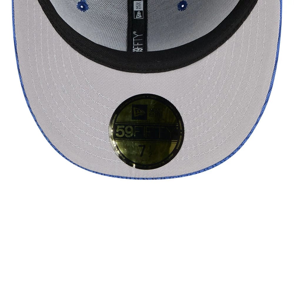 LA Dodgers MLB Chenille Pop Dark Blue New Era 59FIFTY Fitted Cap, inside view showing a grey undervisor with a central gold 59FIFTY size sticker, black sweatband, blue interior stitching, and New Era branded taping.