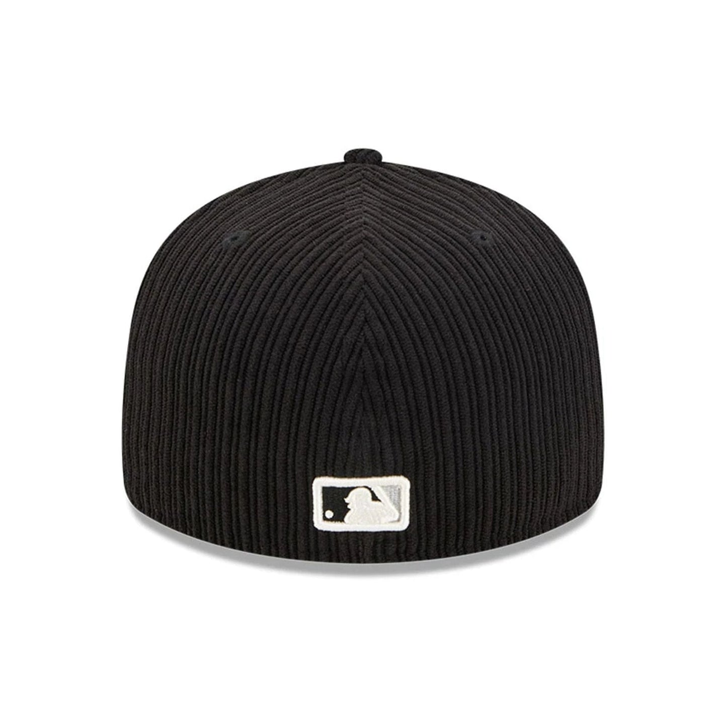 Chicago White Sox MLB Chenille Pop Black New Era 59FIFTY Fitted Cap, rear view showing the white embroidered MLB Batterman logo at the centre back of the textured black crown with ribbed detail.
