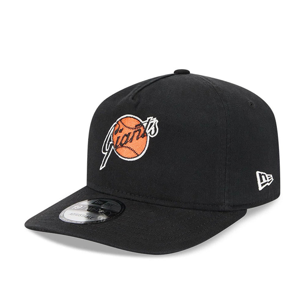 San Francisco Giants MLB Championship Black New Era 19TWENTY Adjustable Cap, front view showing the orange embroidered Giants baseball logo on the front panel, with black curved visor and 19TWENTY size sticker.