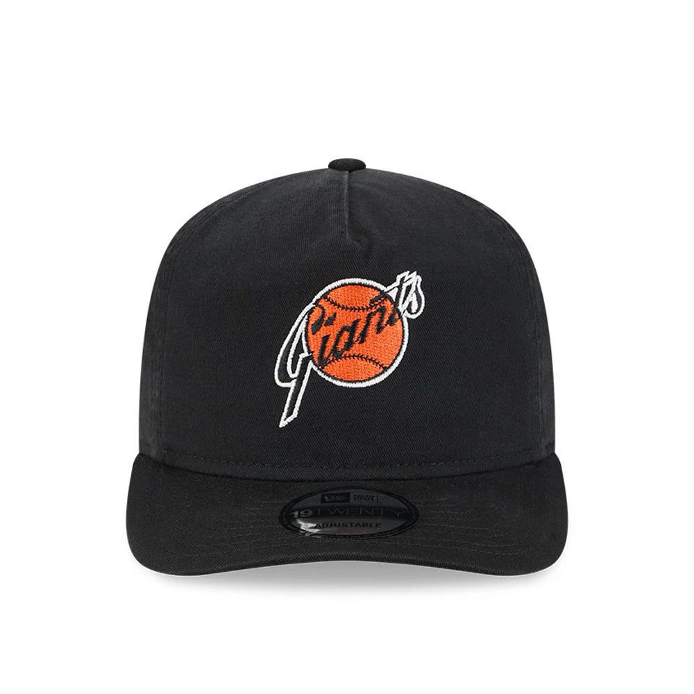 San Francisco Giants MLB Championship Black New Era 19TWENTY Adjustable Cap, front view showing an orange and white Giants baseball logo embroidered on the front panel, black curved visor, and black 19TWENTY size sticker.