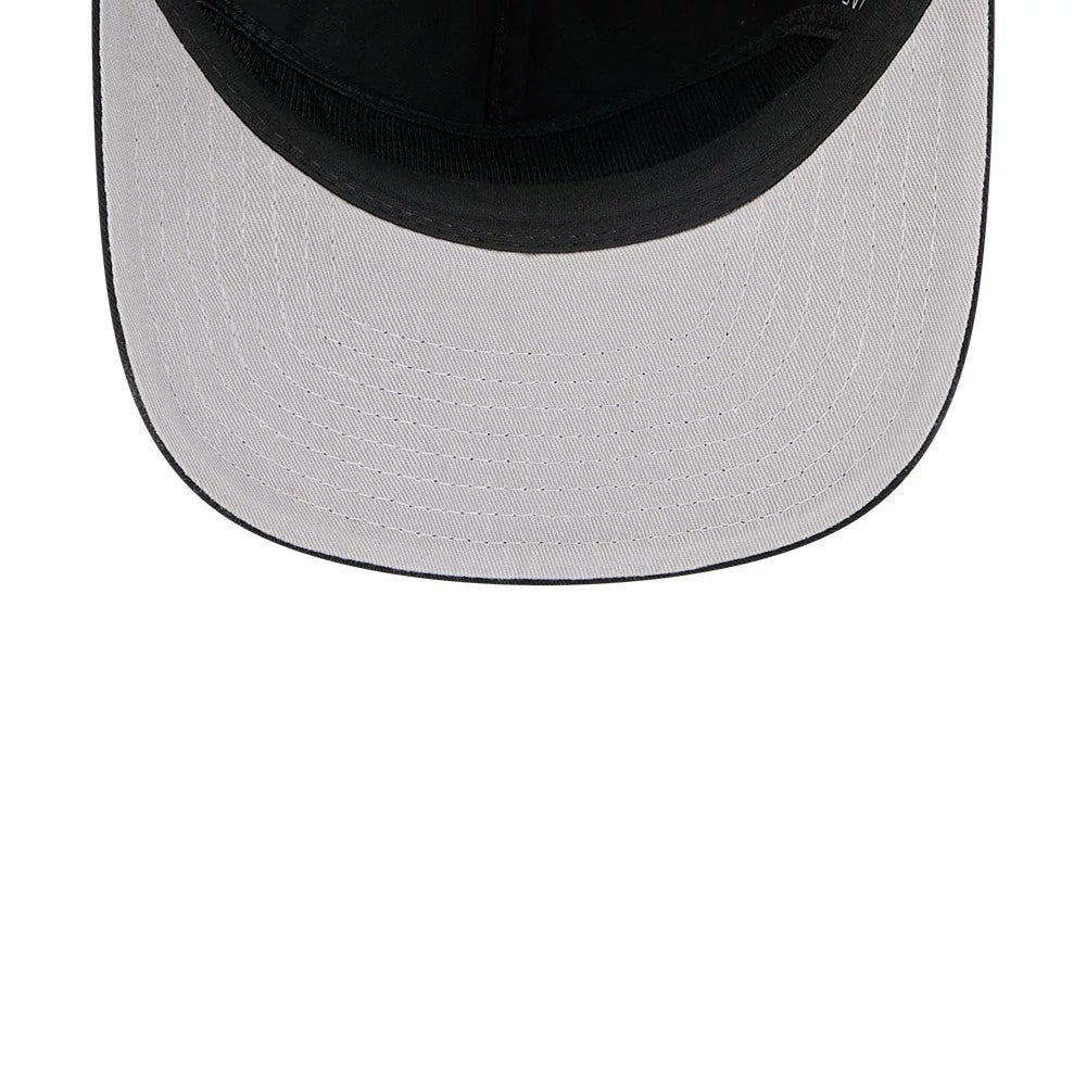 San Francisco Giants MLB Championship Black New Era 19TWENTY Adjustable Cap, inside view showing the black sweatband, grey undervisor, and contrasting black taping along the seams of the crown.