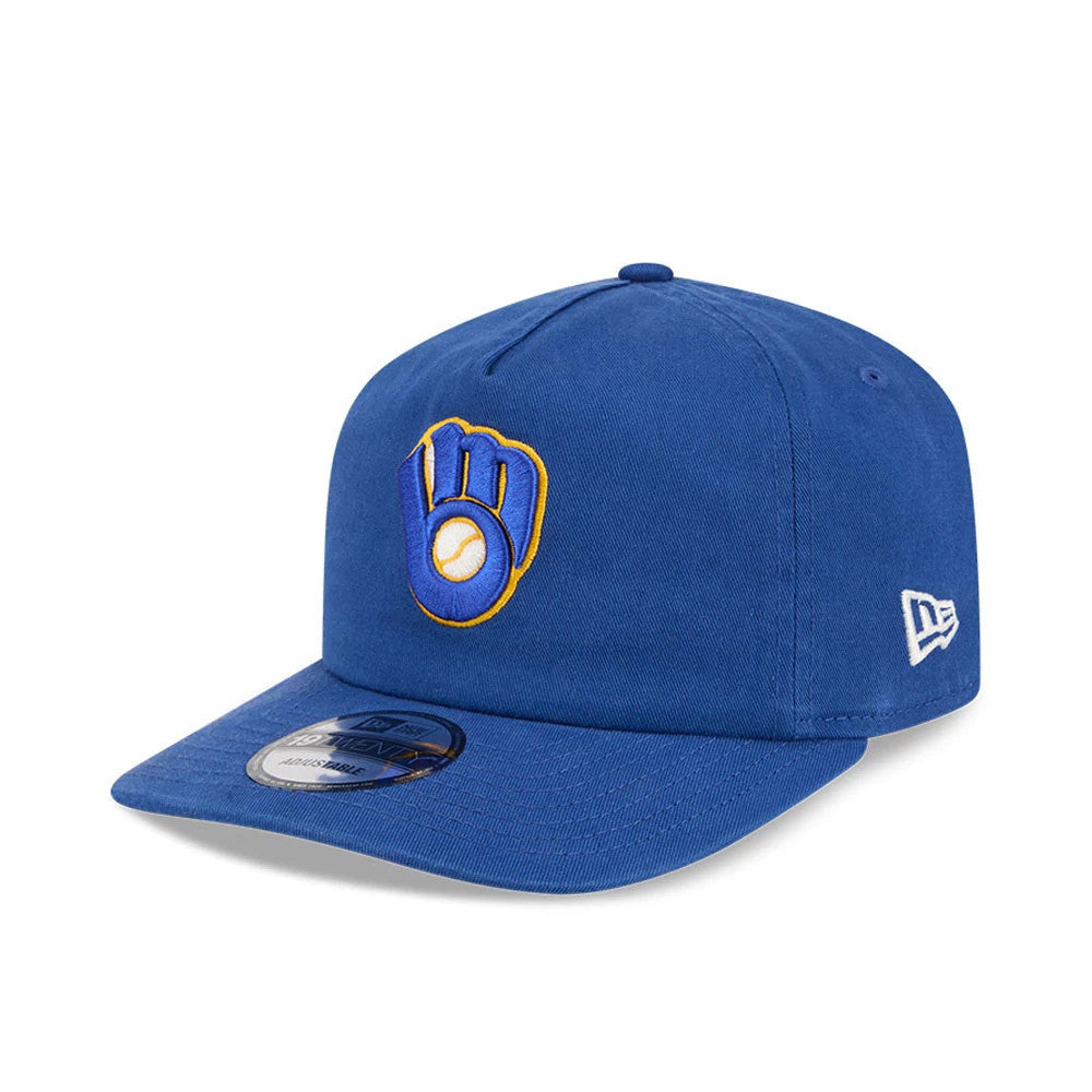 Milwaukee Brewers MLB Championship Blue New Era 19TWENTY Adjustable Cap, three-quarter view showing the raised yellow and white embroidered team logo on the front panel, blue pre-curved visor and 19TWENTY size sticker.