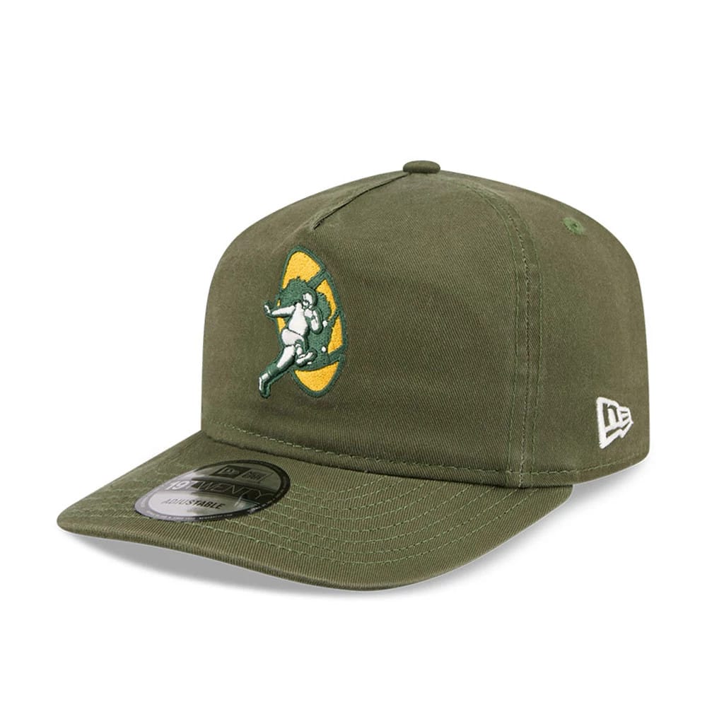 Green Bay Packers NFL Championship Dark Green New Era 19TWENTY Adjustable Cap, three-quarter view showing the raised embroidered Packers logo on the front panel, dark green visor with 19TWENTY size sticker, and New Era flag logo on the left side.