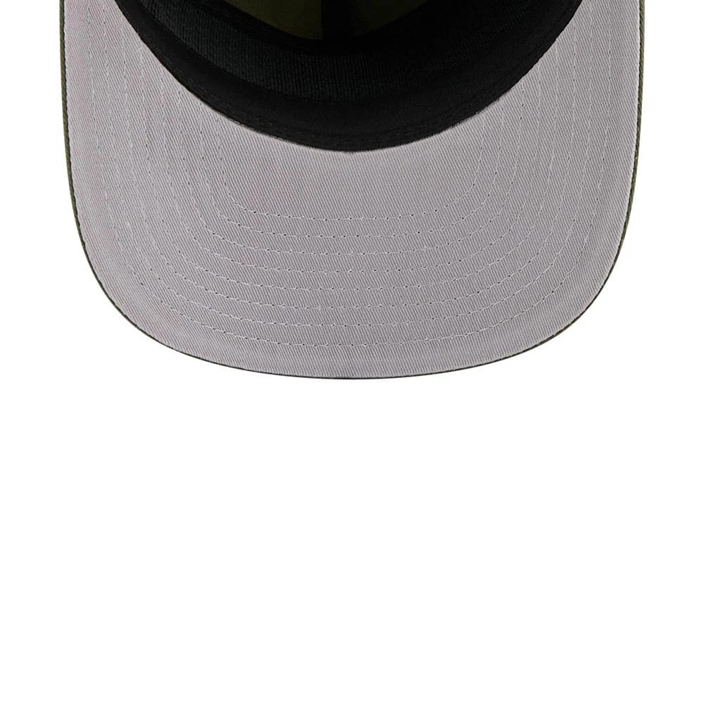 Green Bay Packers NFL Championship Dark Green New Era 19TWENTY Adjustable Cap, inside view showing the black sweatband, green inner taping and light grey undervisor beneath the curved visor.