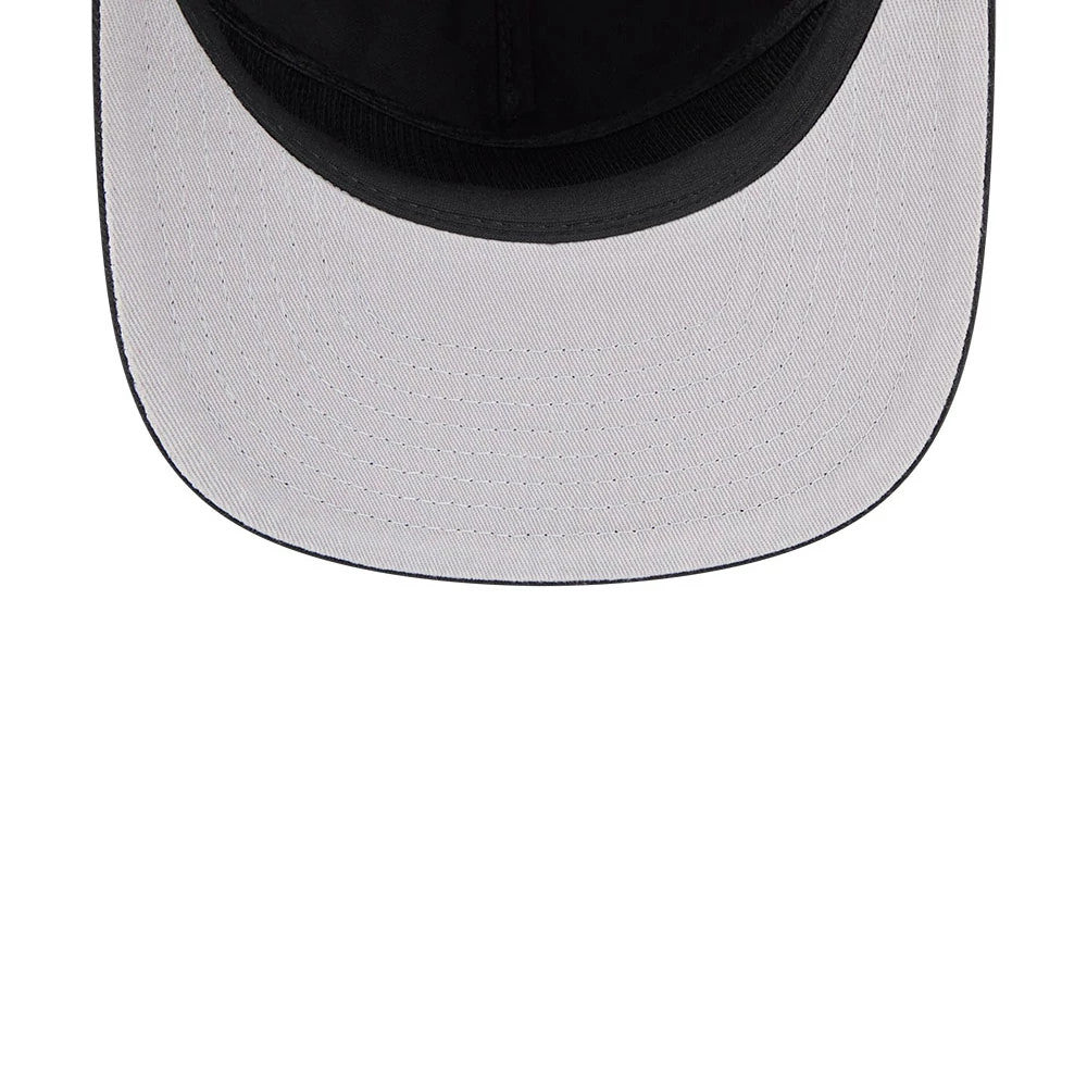 Miami Marlins MLB Championship Black New Era 19TWENTY Adjustable Cap, top view showing the black structured crown and the grey underlayer of the curved visor with detailed stitching.