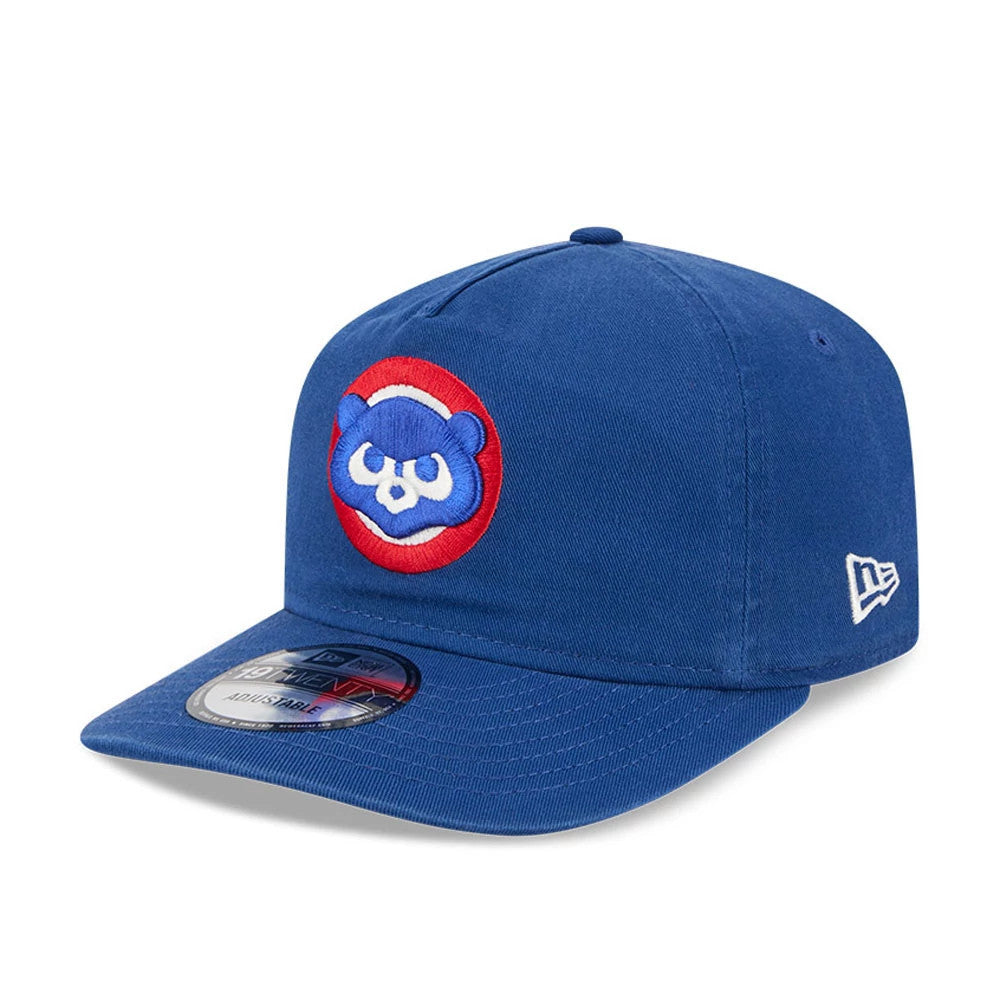 Chicago Cubs MLB Championship Blue New Era 19TWENTY Adjustable Cap, three-quarter view showing the raised embroidered blue Cubs logo on the front panel, with a curved blue visor and 19TWENTY size sticker, plus New Era flag logo on the left side.