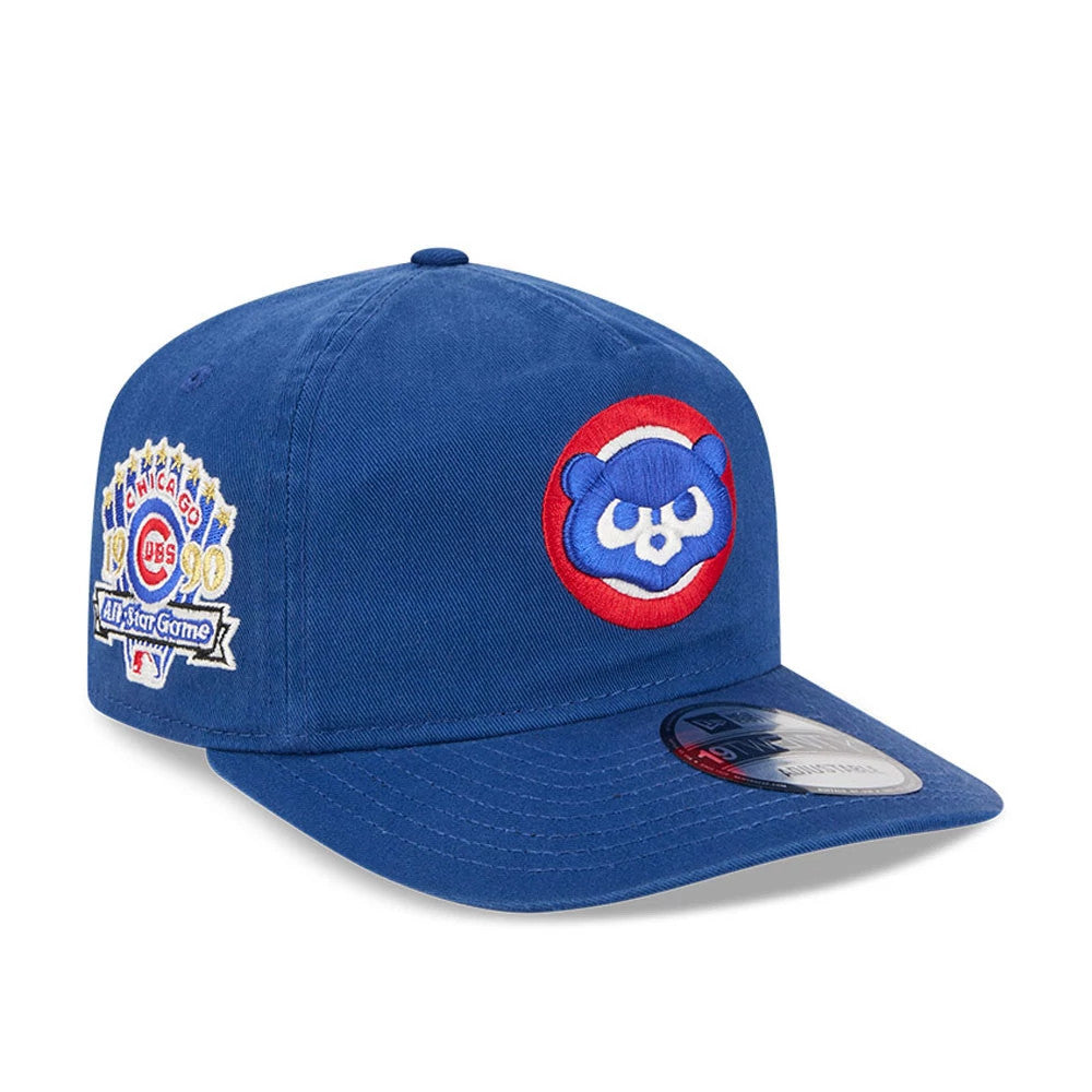 Chicago Cubs MLB Championship Blue New Era 19TWENTY Adjustable Cap, three-quarter view showing the blue and red bear head logo embroidered on the front panel and the commemorative patch on the left side with a curved visor and 19TWENTY size sticker.